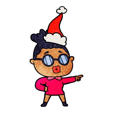 Noel Baba şapkası giyen gözlük takan bir işaret eden kadının dokulu çizgi film el çekilmiş