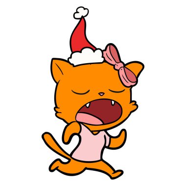 çizim için Noel Baba şapkası giyen bir esneme kedi el çekilmiş