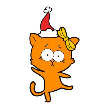 çizim için Noel Baba şapkası giyen bir kedi el çekilmiş