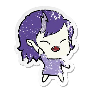 sıkıntılı etiket sallayarak bir karikatür gülen vampir kız