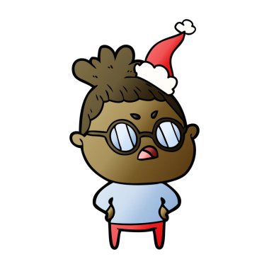 Noel Baba şapkası giyen rahatsız bir kadının degrade çizgi film el çekilmiş