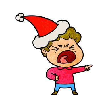 Noel Baba şapkası giyen bir öfkeli adam dokulu karikatür el çekilmiş