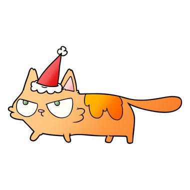 Noel Baba şapkası giyen kızgın bir kedi degrade çizgi film