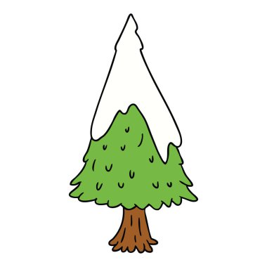 Çizilmiş karikatür doodle tek karla kaplı ağaç el
