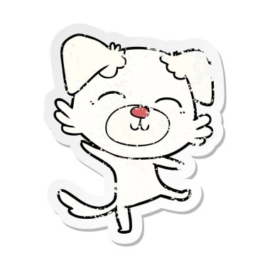 mutlu bir dansı yapan bir karikatür köpek sıkıntılı etiket