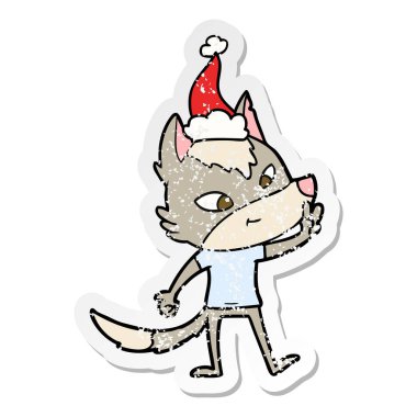 sıkıntılı etiket karikatür barış santa şapka işareti veren bir kurt dostu el çekilmiş