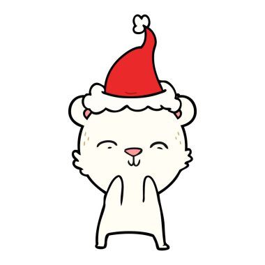 mutlu el çizim için Noel Baba şapkası giyen bir kutup ayısı, çekilmiş