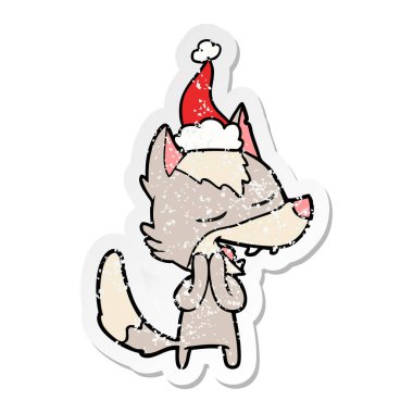 sıkıntılı etiket karikatür giyen Noel Baba şapkası gülüyor kurt