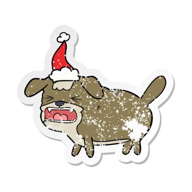 sıkıntılı etiket karikatür giyen Noel Baba şapkası havlayan bir köpek