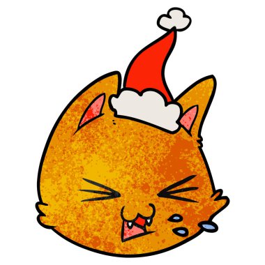 elle çizilmiş tükürme karikatür Noel Baba şapkası giyen bir kedi yüz dokulu