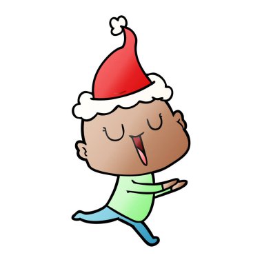 mutlu el Noel Baba şapkası giyen kel bir adamın degrade çizgi film çekilmiş