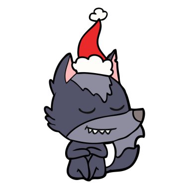 dost çizgi çizme giyen Noel Baba şapkası oturan bir kurt