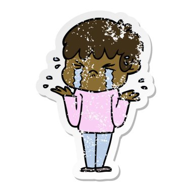 bir çizgi film çocuk ağlıyor ve omuzlarında shrugging sıkıntılı etiket