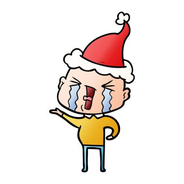 ağlayan bir kel adam Noel Baba şapkası giyiyor, degrade çizgi film el çekilmiş