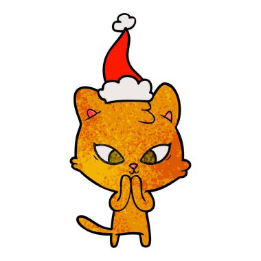 dokulu karikatür Noel Baba şapkası giyen bir kedinin şirin el çekilmiş