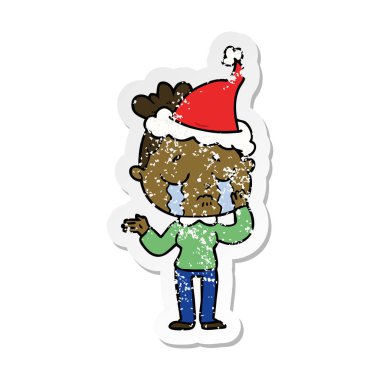 sıkıntılı etiket karikatür Noel Baba şapkası giyen bir ağlayan kadın