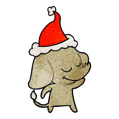 Noel Baba şapkası giyen gülümseyen bir filin dokulu çizgi film el çekilmiş