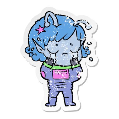 bir çizgi film ağlayan uzaylı kızın sıkıntılı etiket