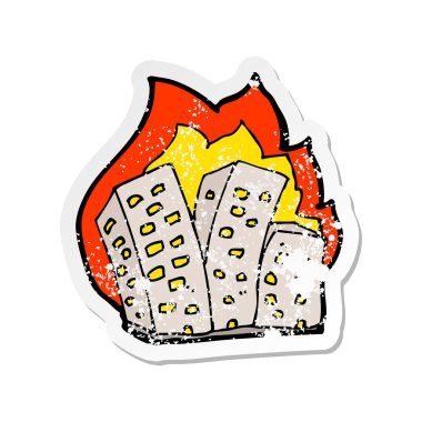 Retro sıkıntılı etiket binaları yanan bir karikatür