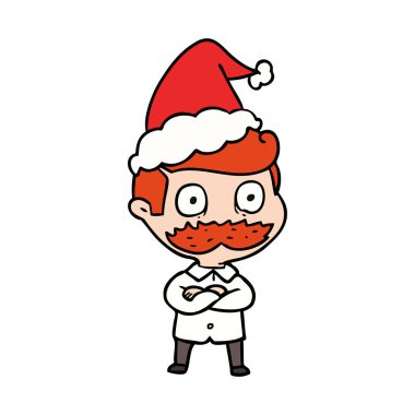 çizim için Noel Baba şapkası giyen şok bıyıklı bir adam el çekilmiş
