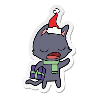 etiket karikatür giyen Noel Baba şapkası, konuşan kedi el çekilmiş