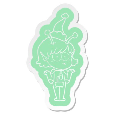 Noel Baba şapkası giyen bir uzaylı kızın ilginç çizgi film etiketi