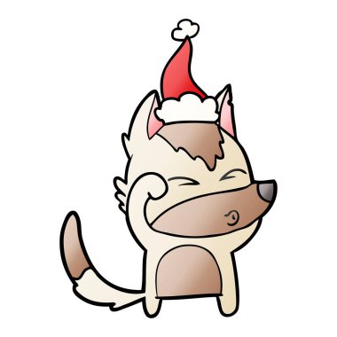 Noel Baba şapkası giyen somurtarak bir kurt, degrade çizgi film