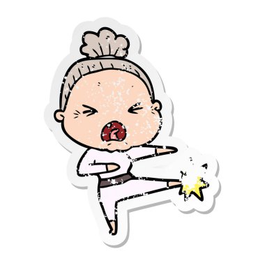 bir çizgi film kızgın yaşlı kadının sıkıntılı etiket