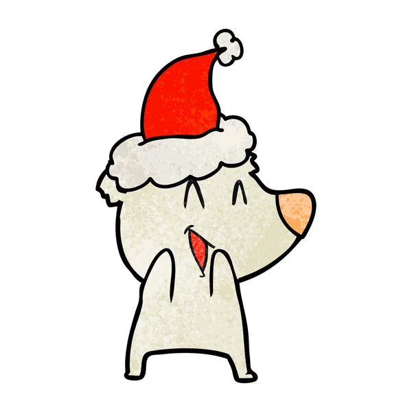 Laughing Polar Bear Hand Drawn Textured Cartoon Wearing Santa Hat — Stock Vector