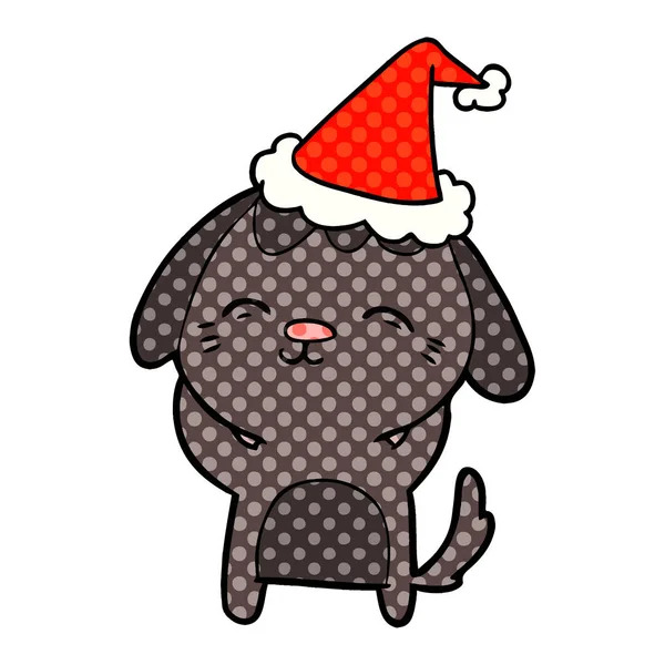 Felice illustrazione stile fumetto di un cane che indossa cappello di Babbo Natale — Vettoriale Stock