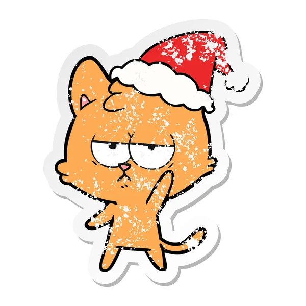 Gelangweilte verzweifelte Aufkleber Karikatur einer Katze mit Weihnachtsmütze — Stockvektor