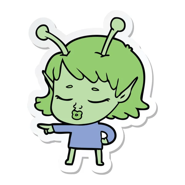 Sticker Van Een Schattige Alien Meisje Cartoon Wijzend — Stockvector