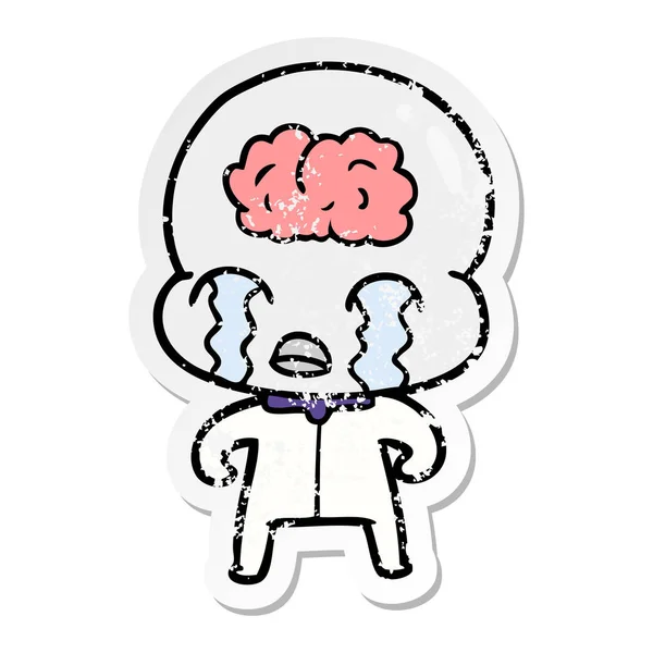 Stiker tertekan kartun alien otak besar menangis - Stok Vektor
