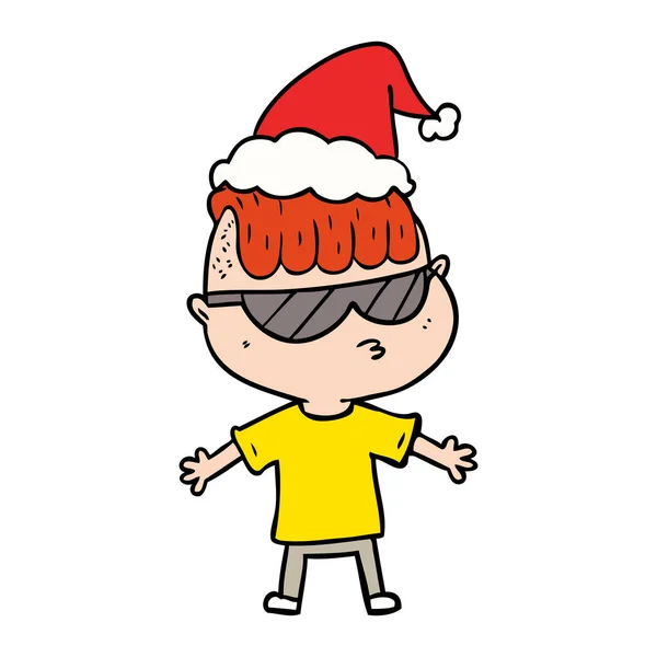 Handgezeichnete Linienzeichnung Eines Jungen Mit Sonnenbrille Und Weihnachtsmütze — Stockvektor