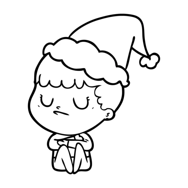 Línea de dibujo de un niño gruñón con sombrero de santa — Vector de stock