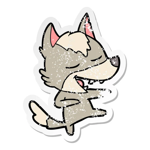 Distressed Sticker Cartoon Wolf Laughing — Stock Vector