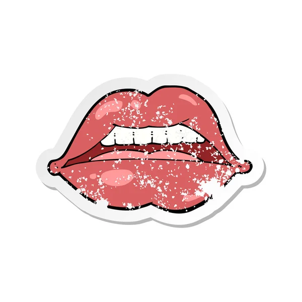 Retro Noodlijdende Sticker Van Een Cartoon Sexy Lippen Symbool — Stockvector