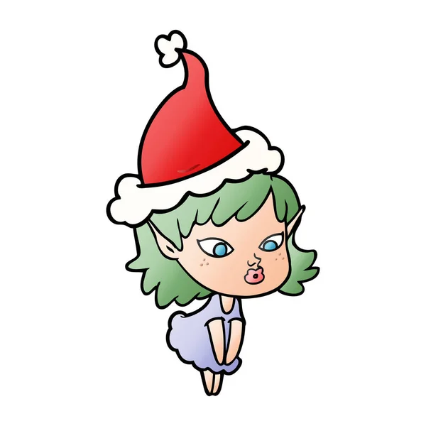 Pretty Hand Drawn Gradient Cartoon Elf Girl Wearing Santa Hat — Stock Vector