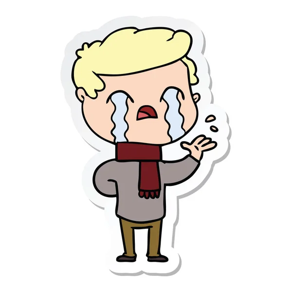 冬のスカーフを着て泣いている漫画の男のステッカー — ストックベクタ