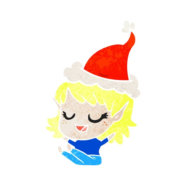 幸せな手描き身に着けているサンタ帽子座っているエルフの女の子のレトロな漫画 — ストックベクタ