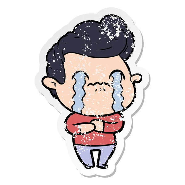 Distressed Sticker Cartoon Man Crying — Stock Vector