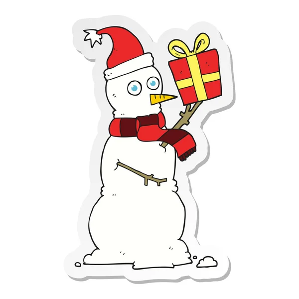 Naklejki Cartoon Snowman Trzyma Obecny — Wektor stockowy