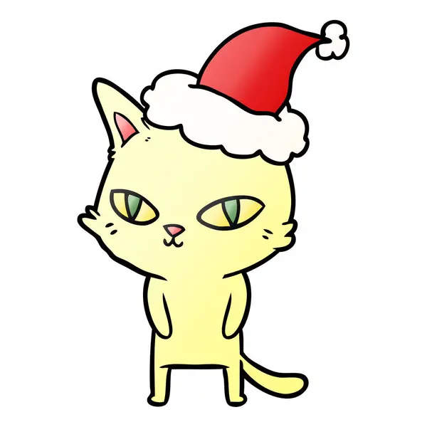 Градієнтна карикатура кота з яскравими очима в капелюсі Санта — стоковий вектор