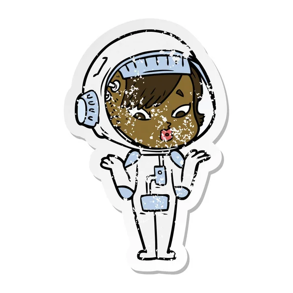Verontruste Sticker Van Een Cartoon Astronaut Vrouw — Stockvector