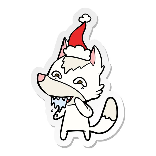Hand Drawn Sticker Cartoon Hungry Wolf Wearing Santa Hat — Stock Vector