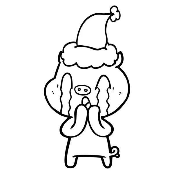 Crying pig line drawing of a wearing santa hat — Stock Vector