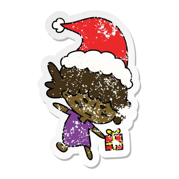 Hand Drawn Christmas Distressed Sticker Cartoon Kawaii Girl — Stock Vector
