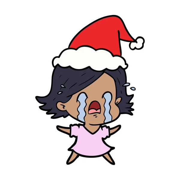 Dessin au trait d'une femme pleurant portant un chapeau de Père Noël — Image vectorielle