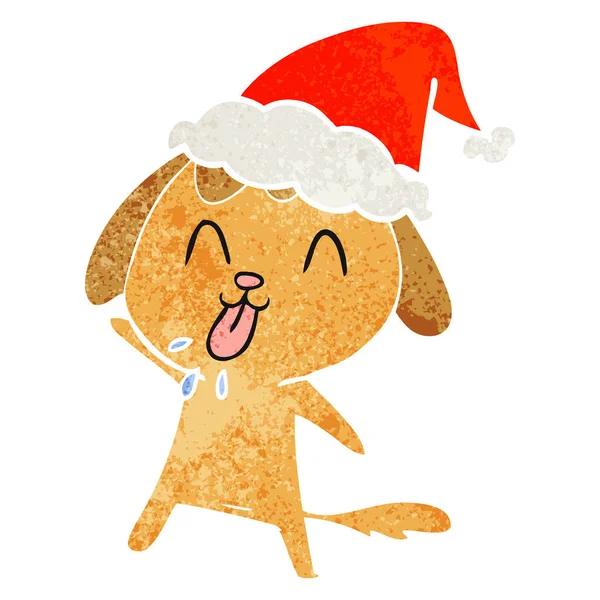 Cute Hand Drawn Retro Cartoon Dog Wearing Santa Hat — Stock Vector