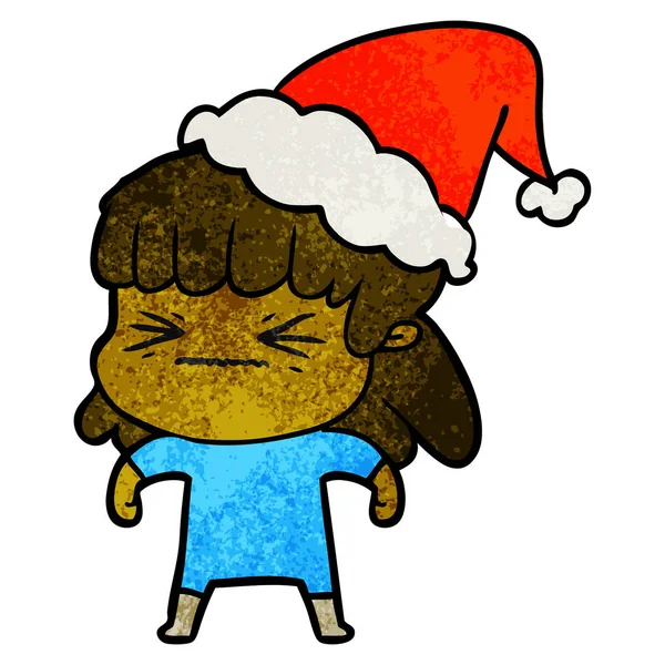 Dessin Animé Texturé Main Une Femme Portant Chapeau Père Noël — Image vectorielle